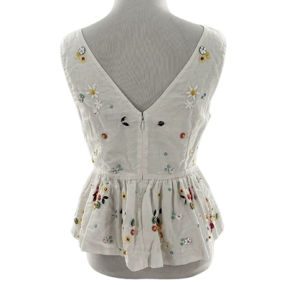 J crew womens top size 4P white 67% linen floral bedazzled embroidered peplum - Picture 3 of 15